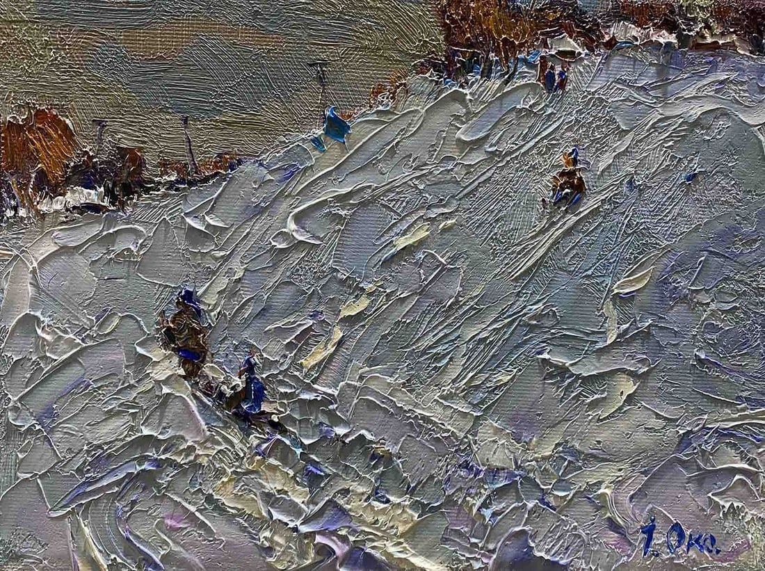 Oil painting In the evening Oksana Kalenyuk: Title: Oil painting In the evening Oksana Kalenyuk Description: NoKalen 1221"In the Evening," an impasto painting, shows how thick, textured strokes of paint create a scene of a snow-covered