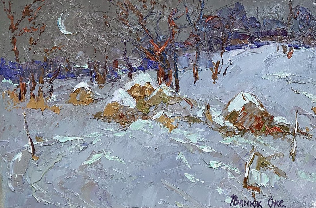 Oil painting Monthly Oksana Kalenyuk: Title: Oil painting Monthly Oksana Kalenyuk Description: NoKalen 1261The oil painting titled "Monthly" captures a serene, wintry landscape just past the peak of winter's embrace. The artist's use of t