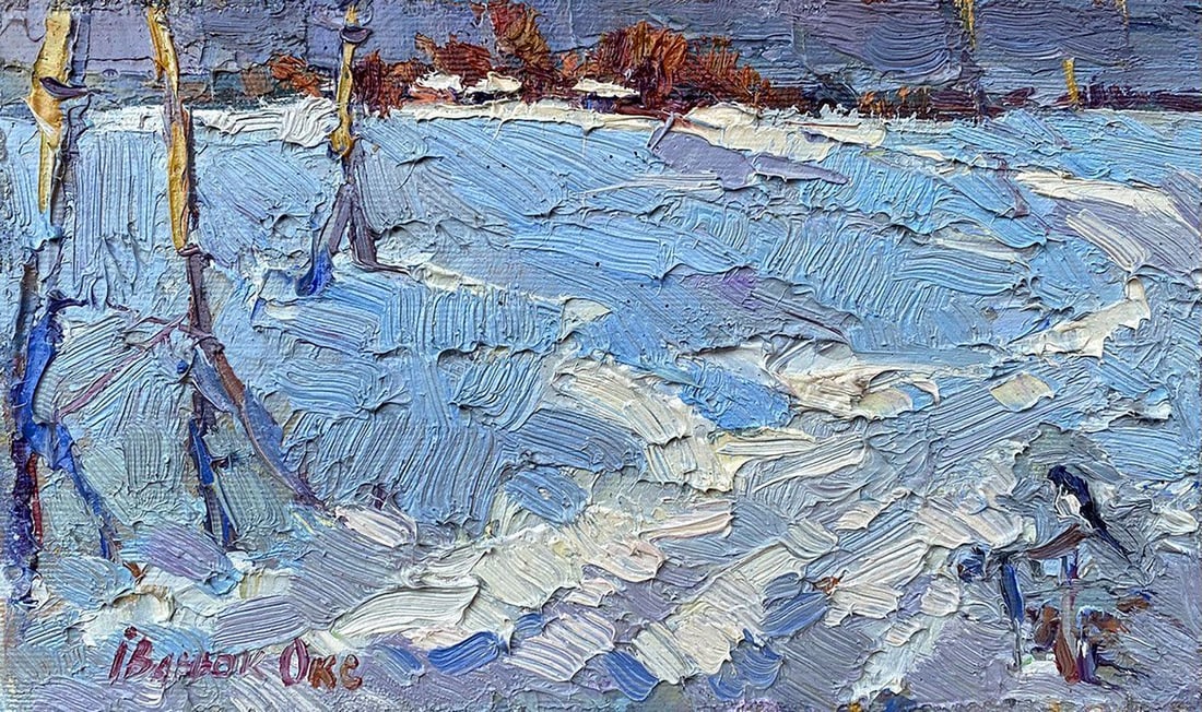 Oil painting Winter Kalenyuk Oksana: Title: Oil painting Winter Kalenyuk Oksana Description: NoKalen 1168"Winter" is a mesmerizing oil painting that encapsulates the serene stillness and frigid beauty of the coldest season. The artist