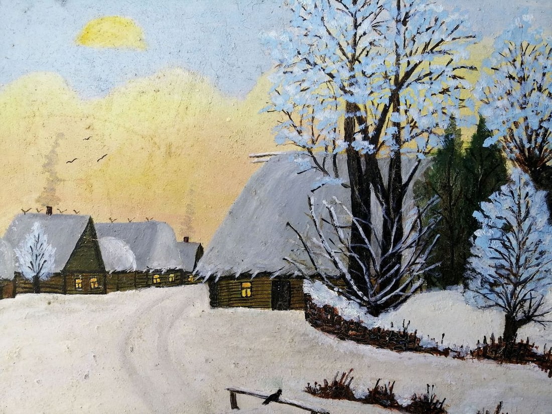 Oil painting Winter evening in the village Unknown artist - 2