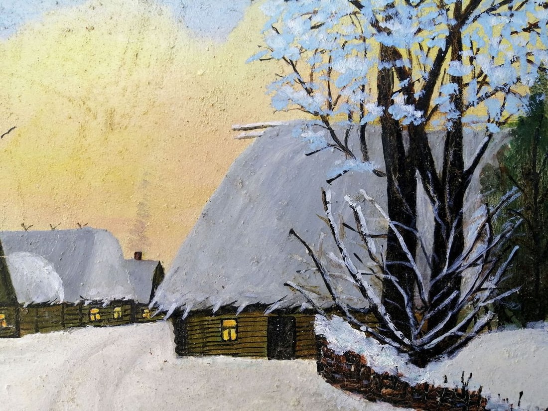 Oil painting Winter evening in the village Unknown artist - 3
