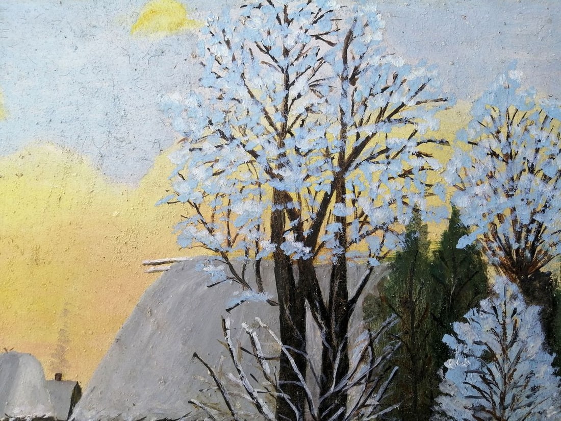 Oil painting Winter evening in the village Unknown artist - 5