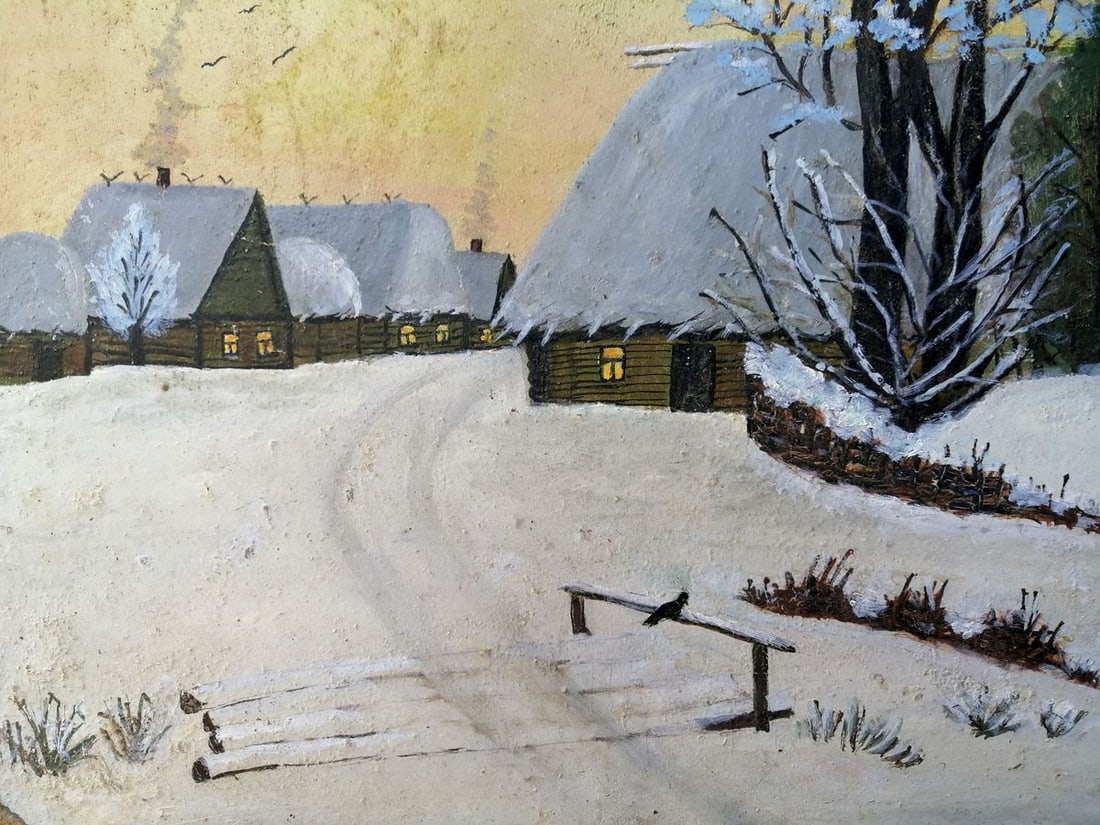 Oil painting Winter evening in the village Unknown artist - 6