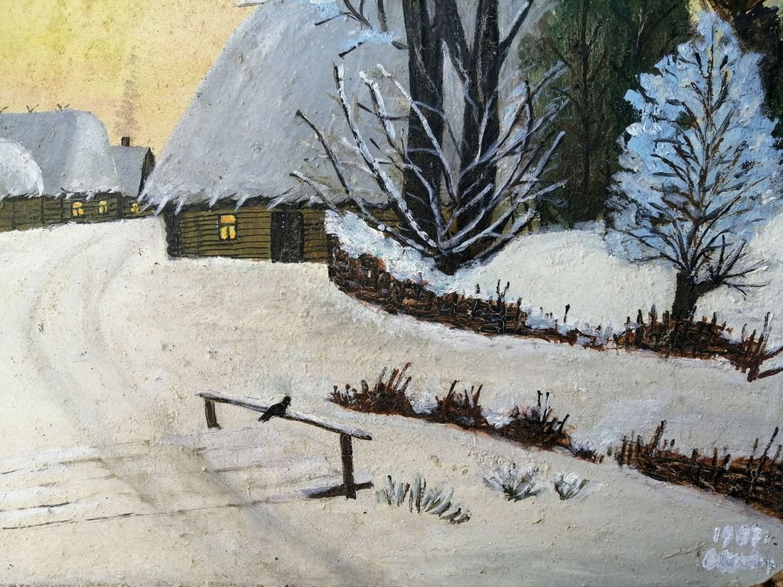 Oil painting Winter evening in the village Unknown artist - 7
