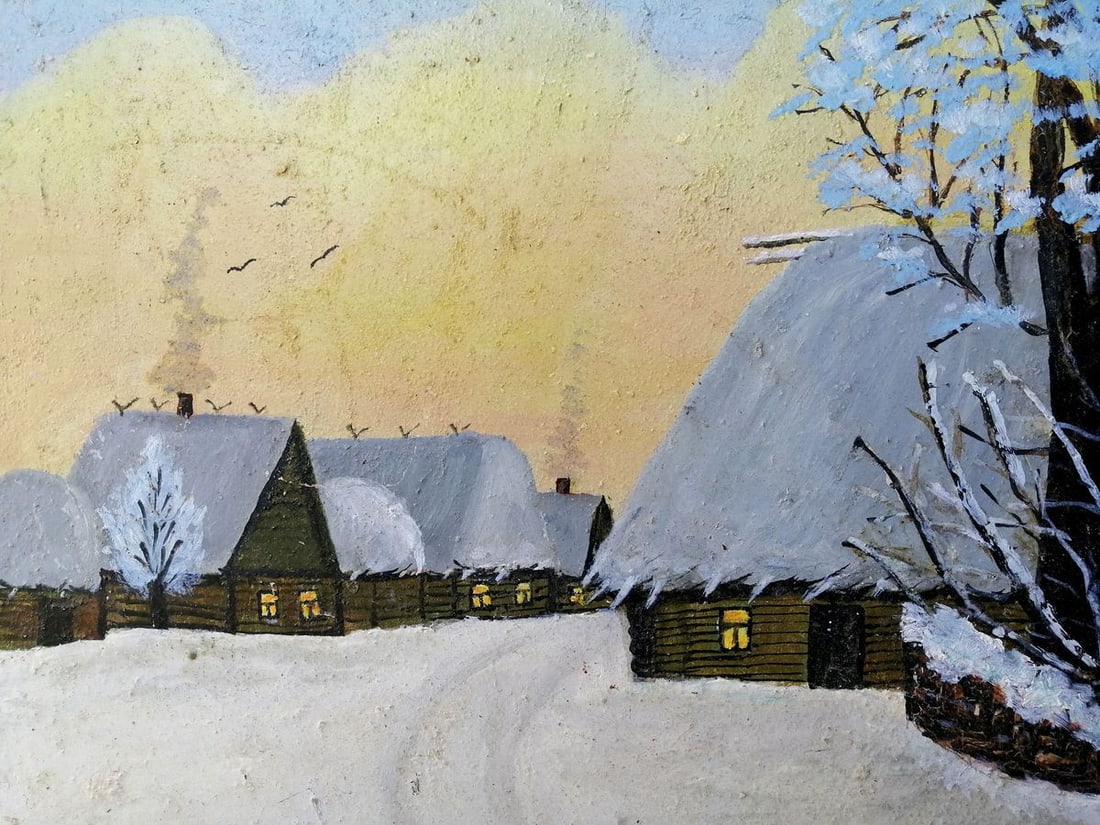 Oil painting Winter evening in the village Unknown artist - 8