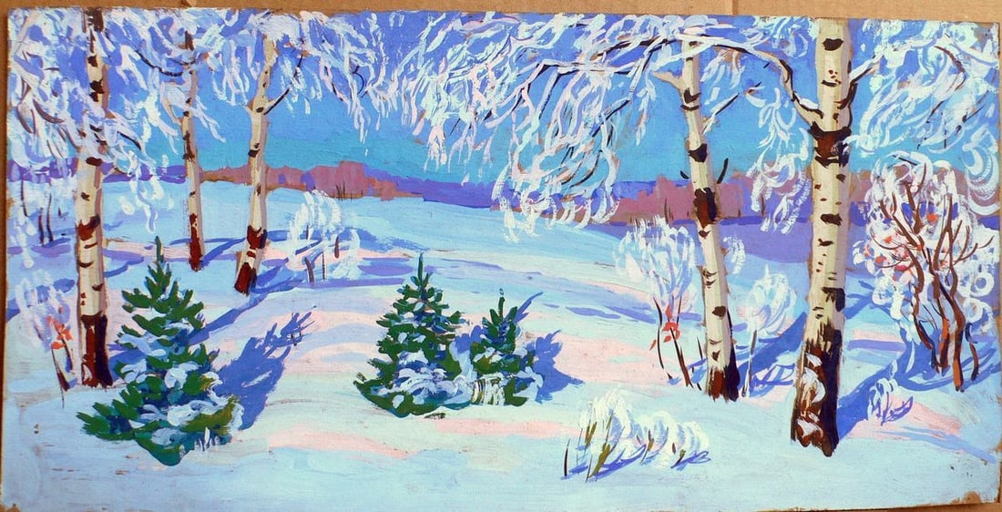 Gouache painting Winter landscape Rodzyn Nikolay Ivanovich: Title: Gouache painting Winter landscape Rodzyn Nikolay Ivanovich Description: NoKork 48 *** ABOUT THIS PAINTING *** * TITLE: "Winter landscape" * ARTISTS: Rodzyn Nikolay Ivanovich * SIZE: 30x60