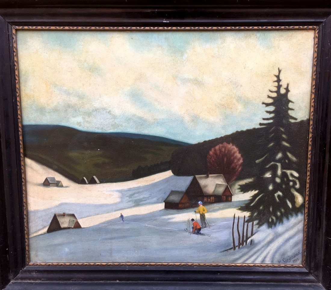 Oil painting Skiers K. Siegmund: Title: Oil painting Skiers K. Siegmund Description: No737 *** ABOUT THIS PAINTING *** * TITLE: "Skiers" * ARTISTS: K. Siegmund * SIZE: 50x60 cm/'19.68x23.62 inches' * MEDIUM: oil, cardboard * HAND PAI