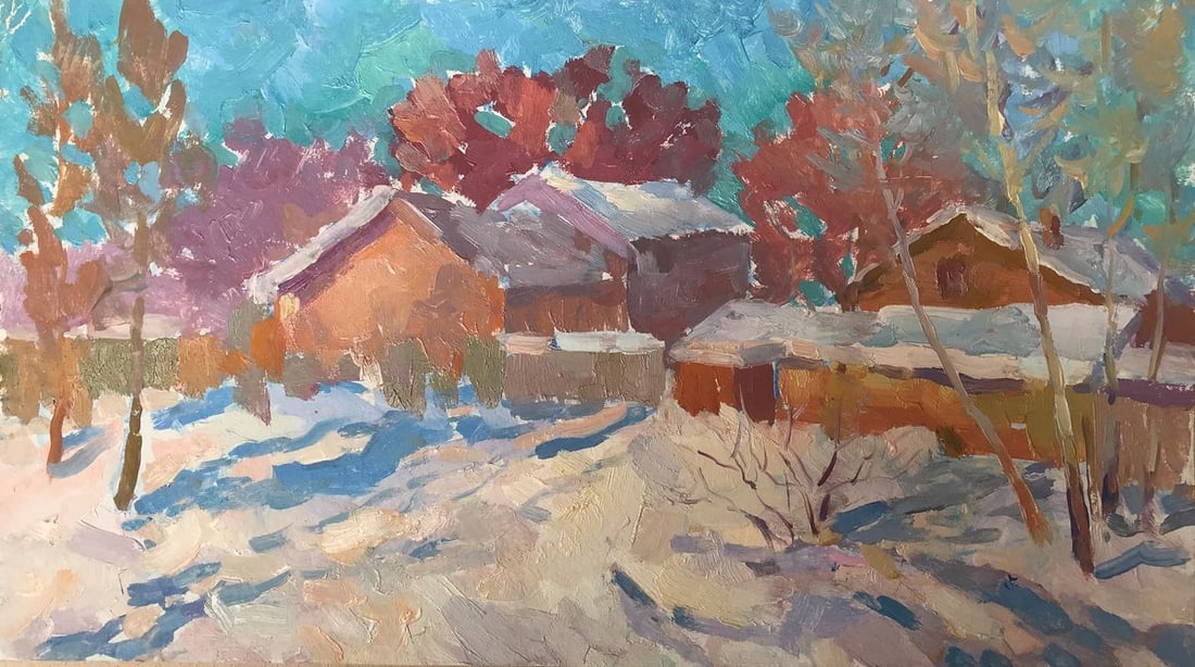 Oil painting The first snow fell Peter Tovpev: Title: Oil painting The first snow fell Peter Tovpev Description: NoAAA2307 This oil painting is called "The first snow fell" and it captures the beauty of a village in autumn, just as the first snow 