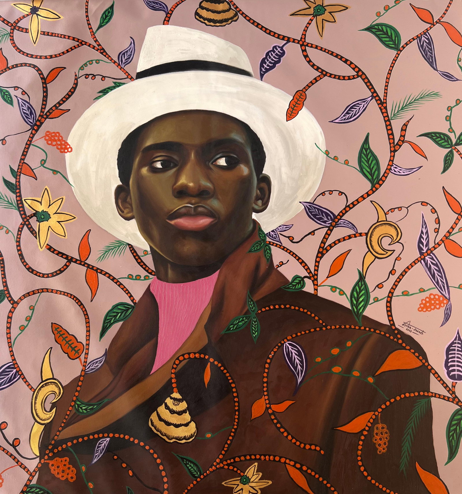 Gobe Joseph, Golden Boy 3, 2023: Creator: Gobe Joseph (Nigerian) Creation Year: 2023 Dimensions: Height: 48 in (121.92 cm)Width: 48 in (121.92 cm)Depth: 1 in (2.54 cm) Medium: Oil,Canvas,Acrylic Movement & Style: Contemporary Period: