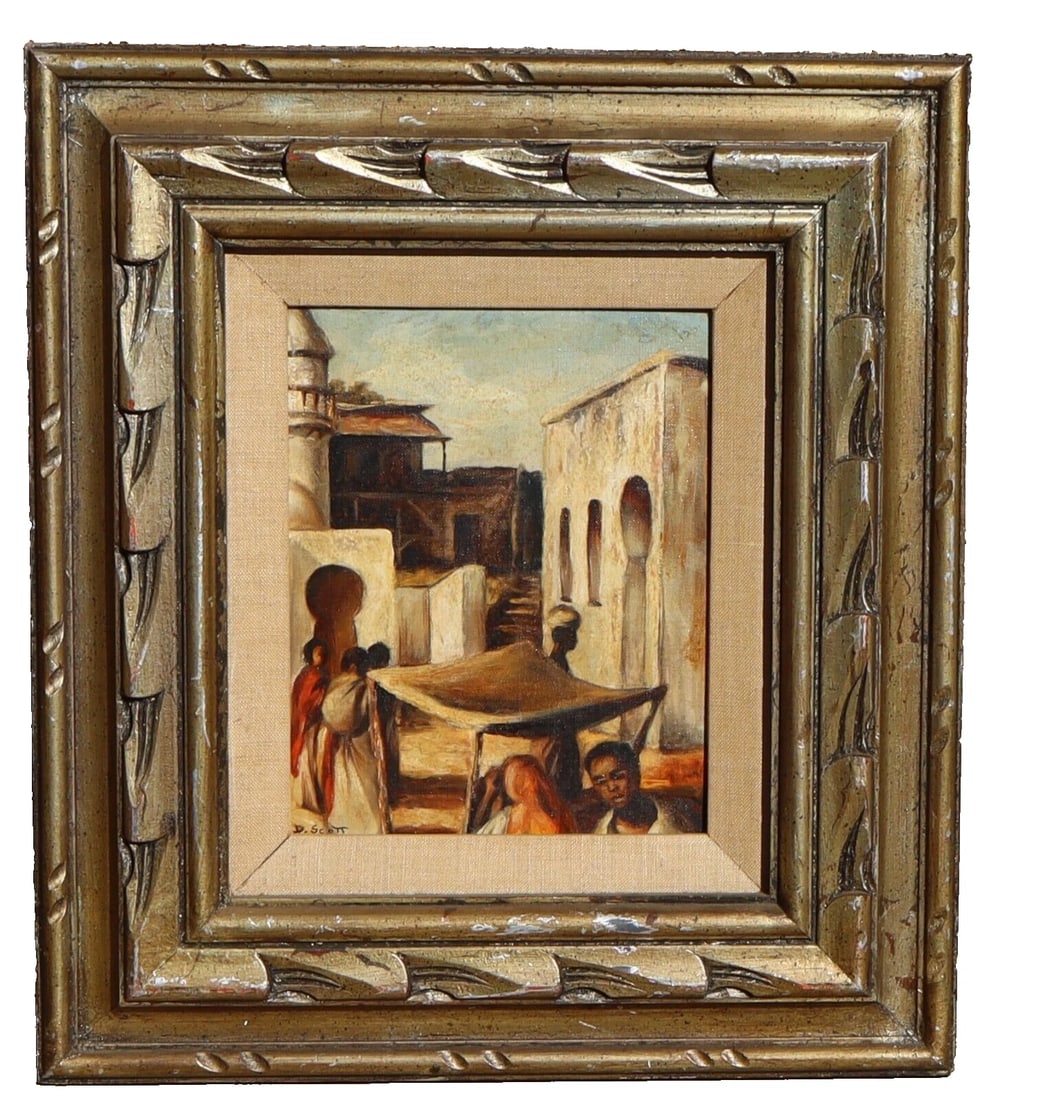 D. SCOTT Mid Century Market Place in an Exotic Locale oil painting 1964 (1 of 7)