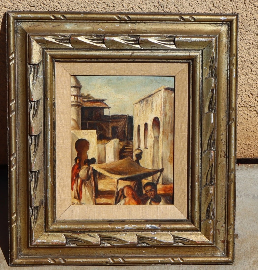 D. SCOTT Mid Century Market Place in an Exotic Locale oil painting 1964 - 2
