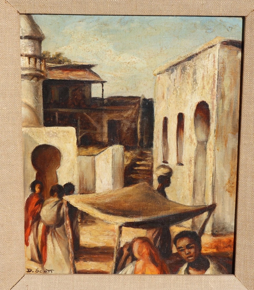D. SCOTT Mid Century Market Place in an Exotic Locale oil painting 1964 - 3