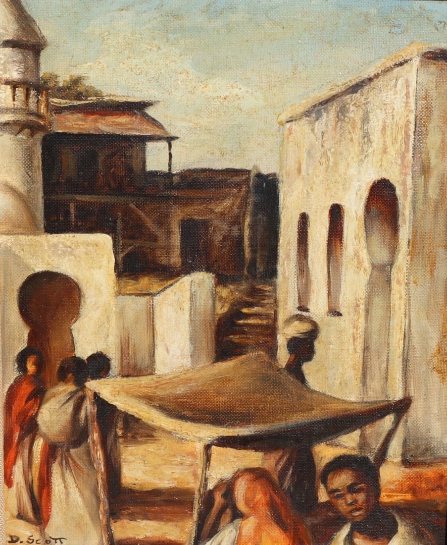 D. SCOTT Mid Century Market Place in an Exotic Locale oil painting 1964 - 4