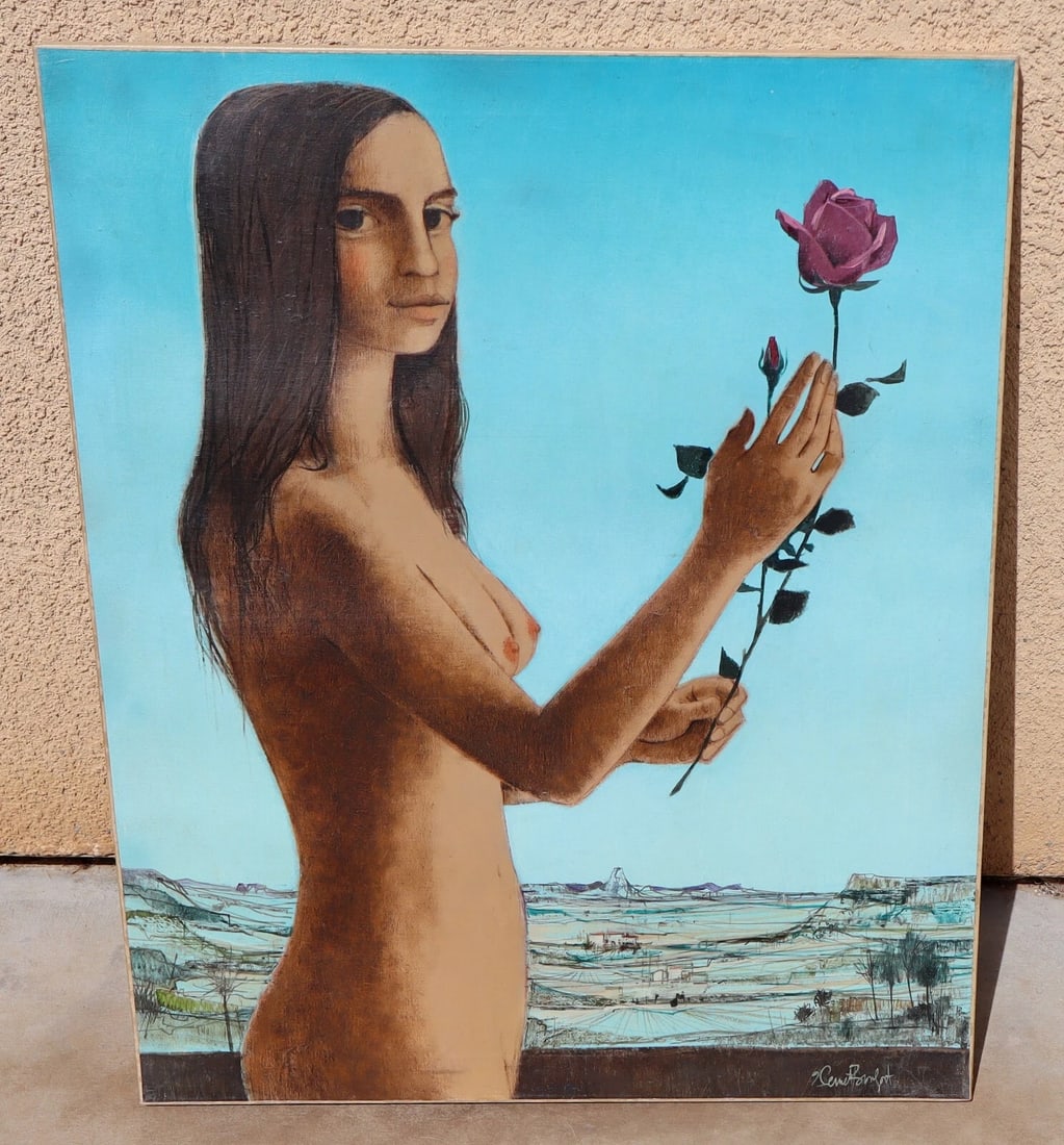 ROBERT VERNET BONFORT Fine Gallery ORIGINAL OIL FIGURE WITH A ROSE Unframed: Title:ROBERT VERNET BONFORT Fine Gallery ORIGINAL OIL FIGURE WITH A ROSE Unframed Description:Robert Vernet Bonfort (b. 1934). Fine Gallery original oil painting. Nude with a Rose, 31-1/2" x 25-1/2"