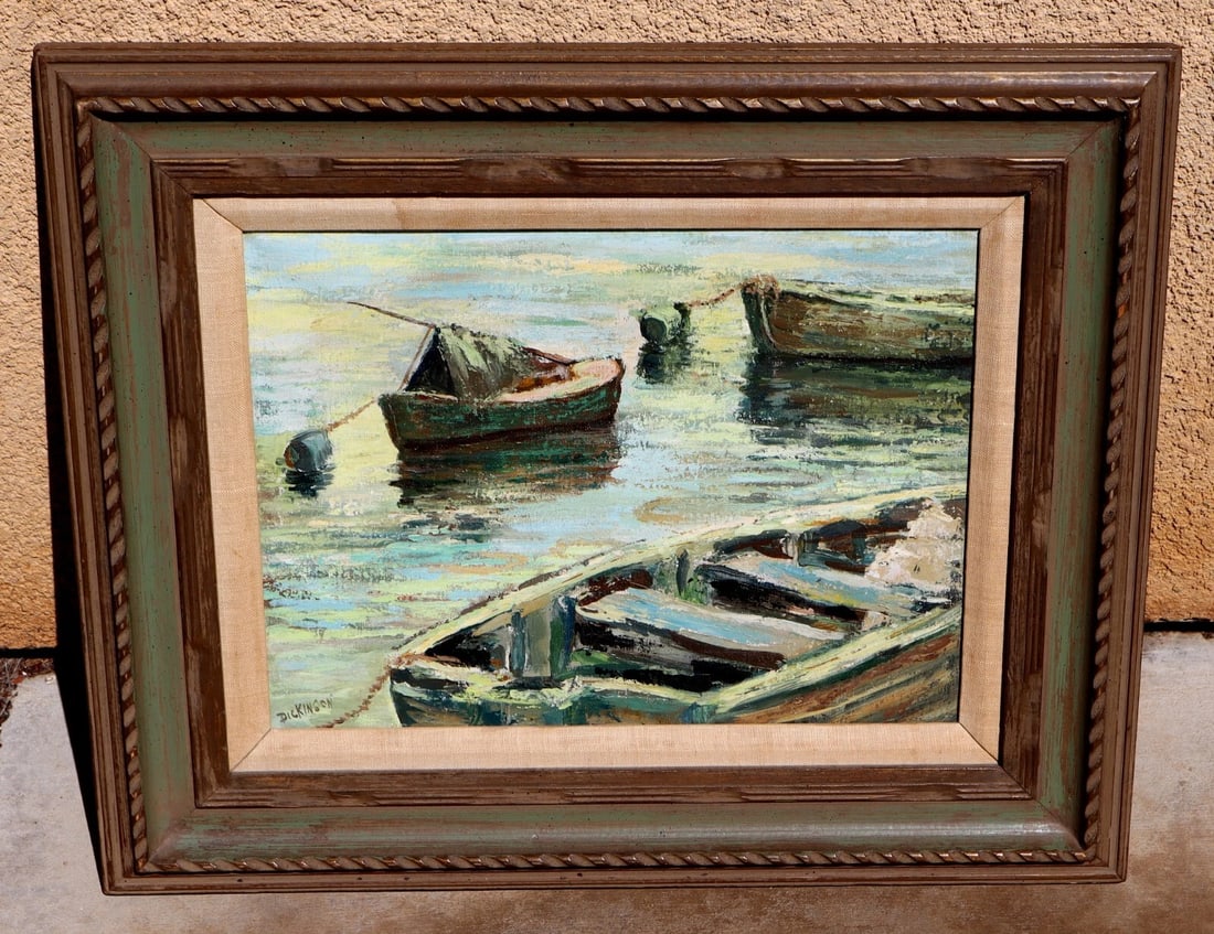 ZELLA DICKINSON California Artist Mid Century painting Rowboats in Sunny Water - 2