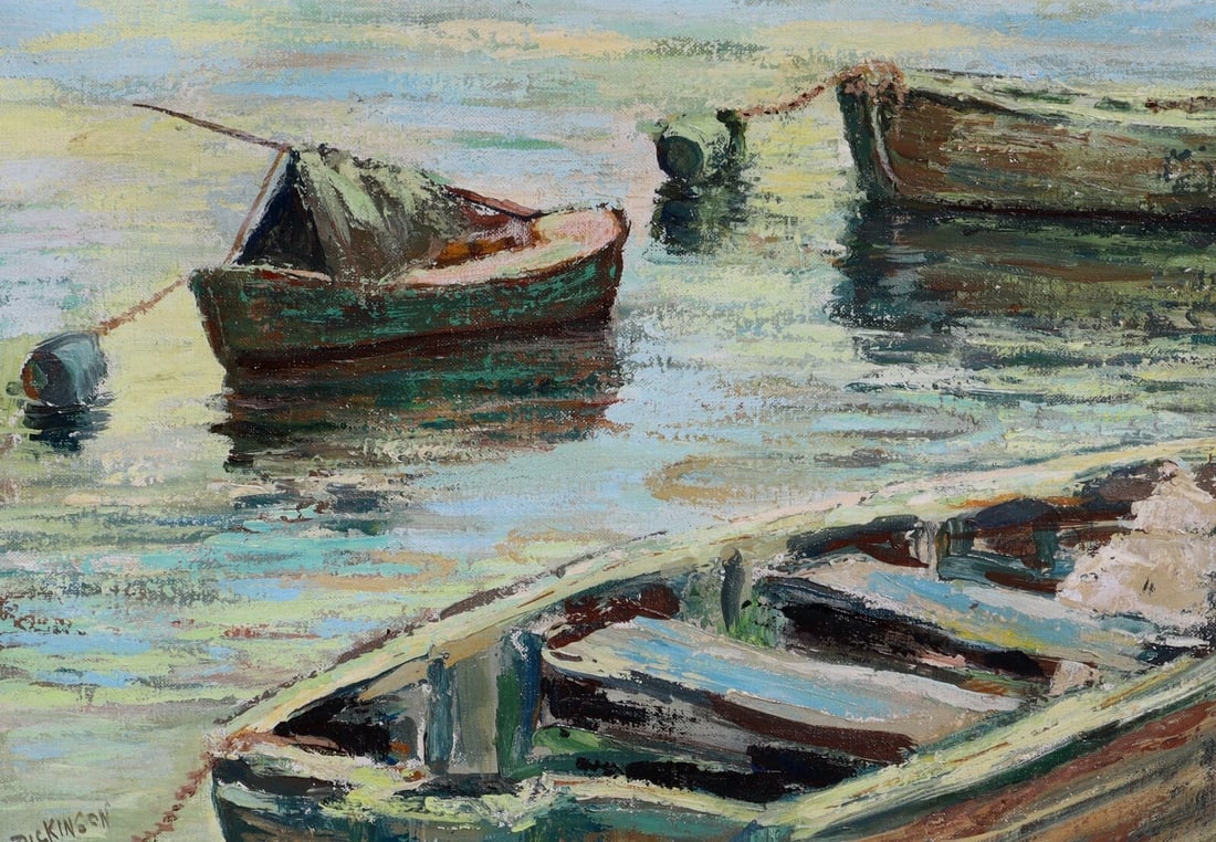 ZELLA DICKINSON California Artist Mid Century painting Rowboats in Sunny Water - 3