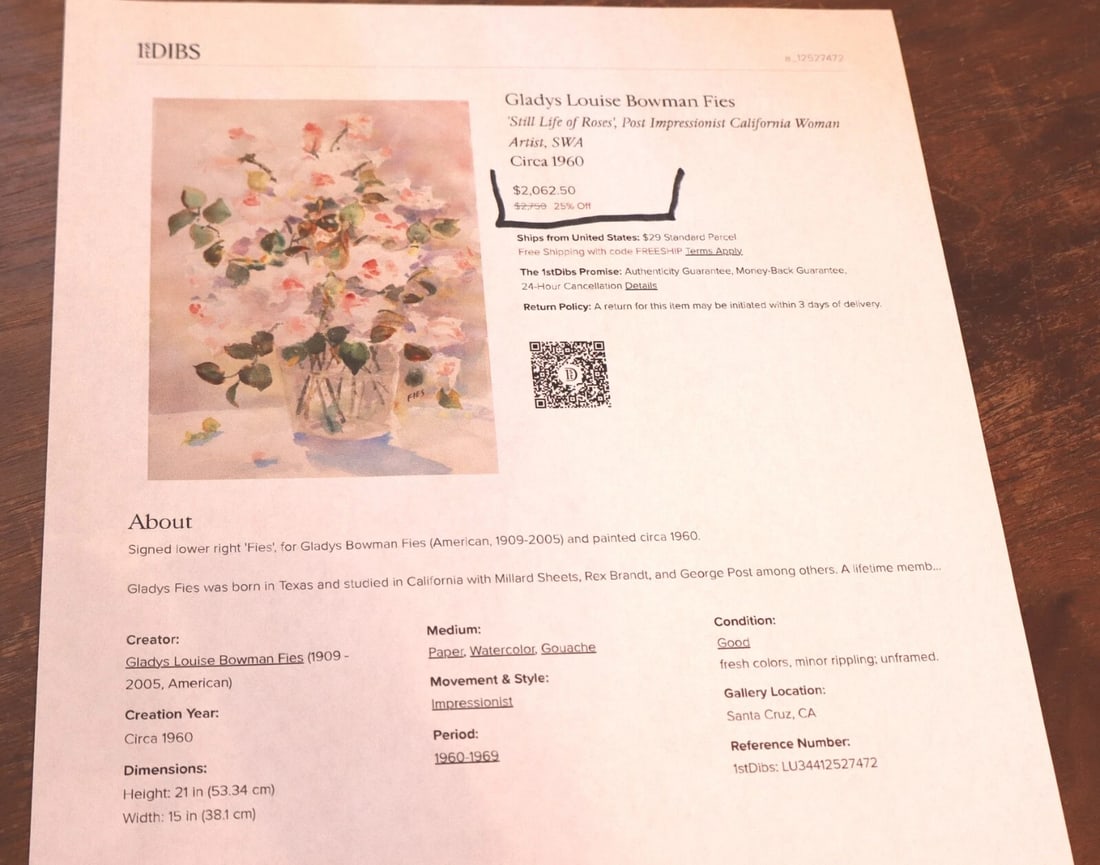 GLADYS LOUISE BOWMAN FIES California watercolor Still Life Roses in a Blue Pot - 11