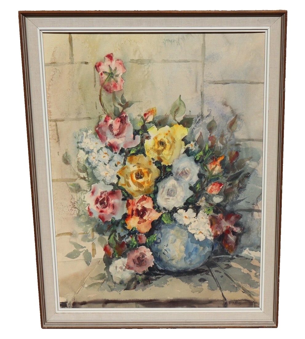 GLADYS LOUISE BOWMAN FIES California watercolor Still Life Roses in a Blue Pot (1 of 11)