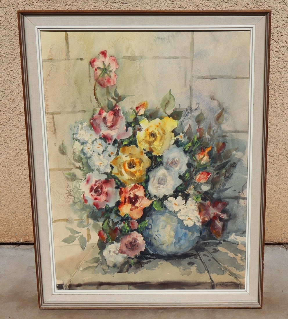 GLADYS LOUISE BOWMAN FIES California watercolor Still Life Roses in a Blue Pot - 2