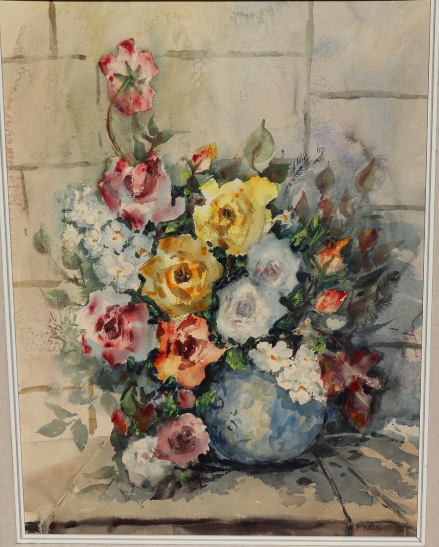 GLADYS LOUISE BOWMAN FIES California watercolor Still Life Roses in a Blue Pot - 3