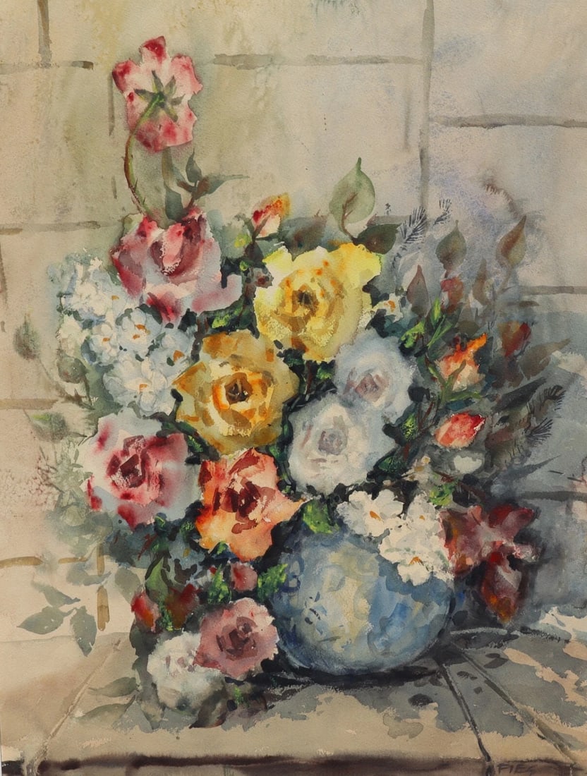 GLADYS LOUISE BOWMAN FIES California watercolor Still Life Roses in a Blue Pot - 4