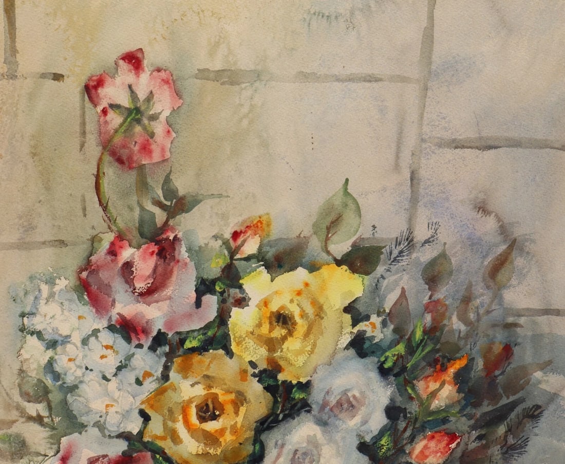 GLADYS LOUISE BOWMAN FIES California watercolor Still Life Roses in a Blue Pot - 6