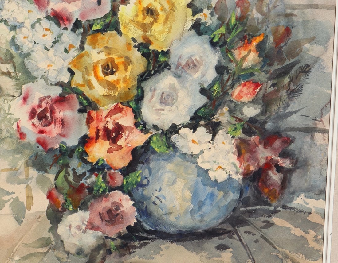 GLADYS LOUISE BOWMAN FIES California watercolor Still Life Roses in a Blue Pot - 8