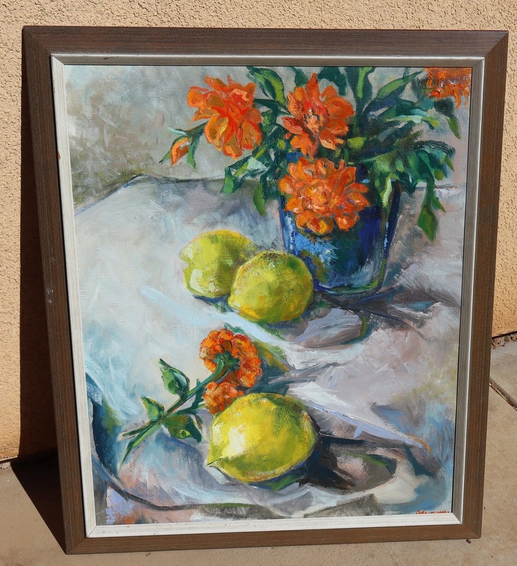 MICKEY SELIGMAN Still Life with Orange Flowers and Lemons oil painting: Title:MICKEY SELIGMAN Still Life with Orange Flowers and Lemons oil painting Description:Mickey Seligman. Still Life with Orange Flowers and Lemons, 30" x 24" oil on canvas (framed size: 33-1/2" x 27-
