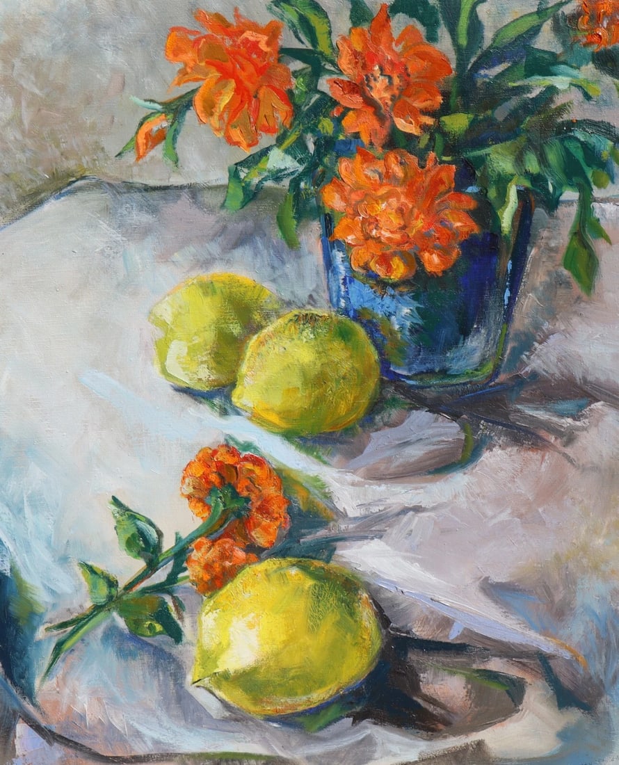 MICKEY SELIGMAN Still Life with Orange Flowers and Lemons oil painting - 3