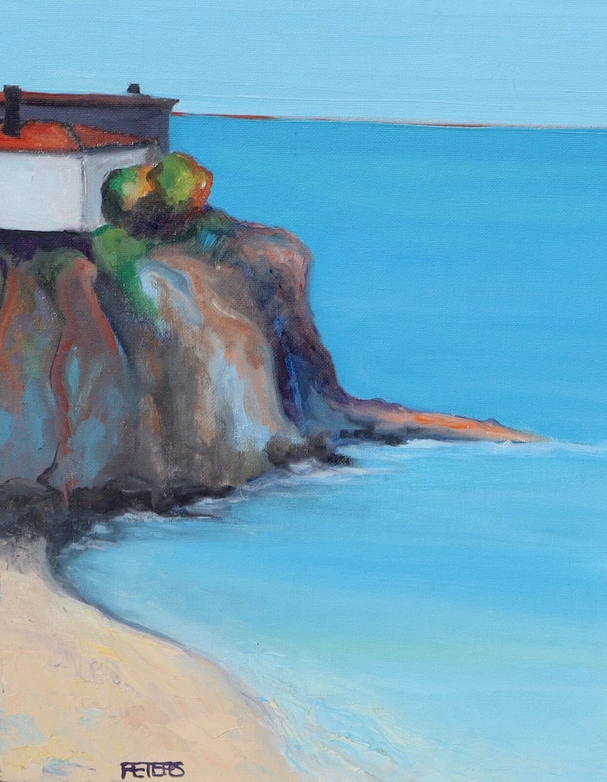 LAURIE PETERS Northern California Coastal Scene with House on a Bluff acrylic - 2
