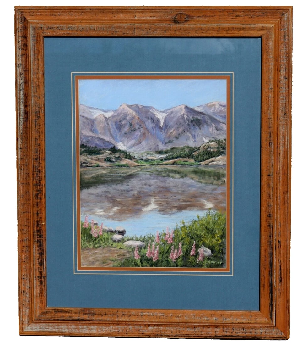 ENA M. SROAT Snowy Range Reflections Pastel Painting: Title:ENA M. SROAT Snowy Range Reflections Pastel Painting Description:ENA M. SROAT (1907-1996). Snowy Range Reflections, 13-1/2" x 11" sight size pastel (framed size: 24" x 20") signed lower right. H