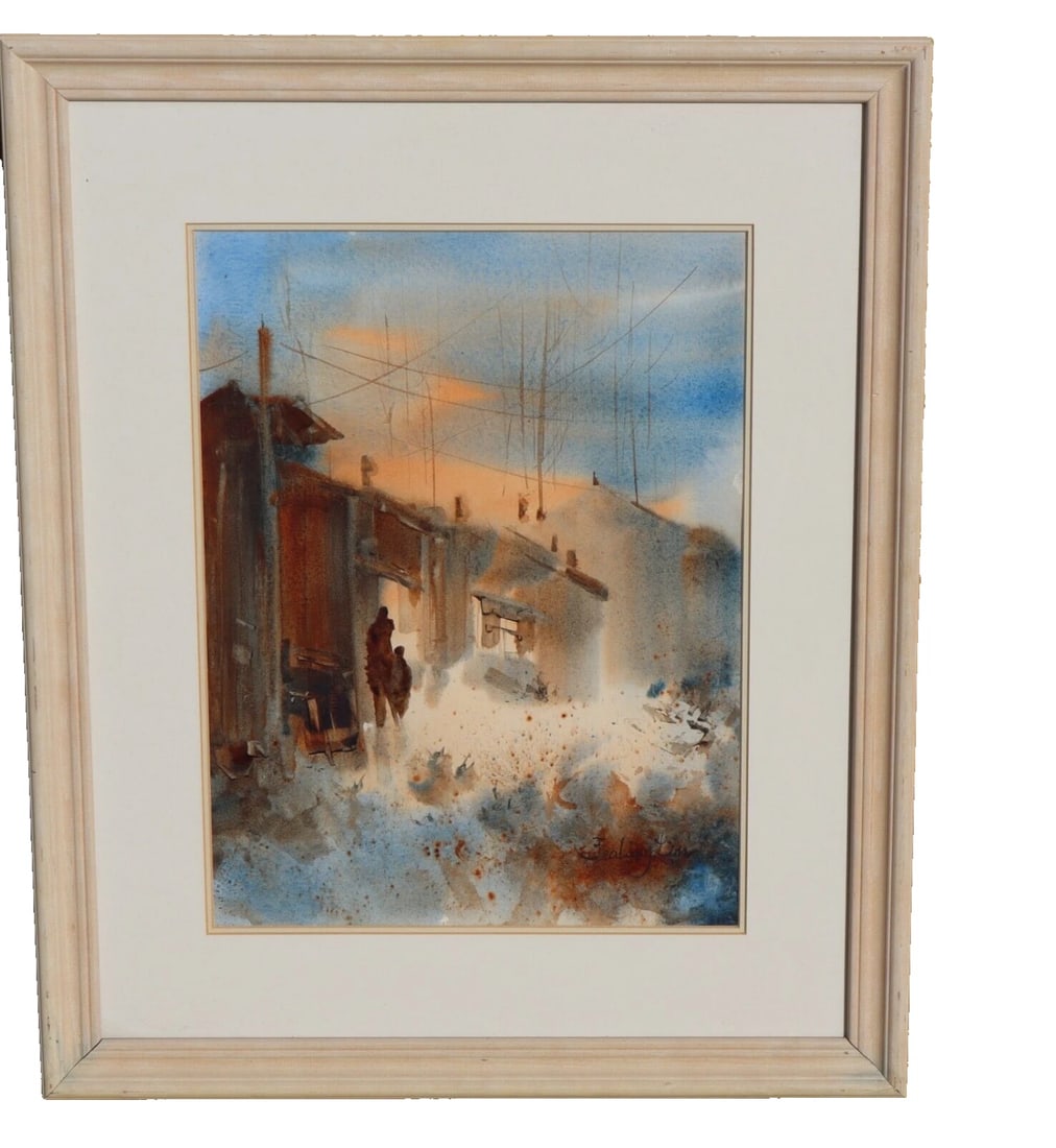 FEALING LIN Fine Gallery/Descanso Gardens watercolor painting At Dusk, China: Title:FEALING LIN Fine Gallery/Descanso Gardens watercolor painting At Dusk, China Description:FEALING LIN. From a fine gallery at Descanso Gardens. Old price on the back of $300. At Dusk, China, 14-1