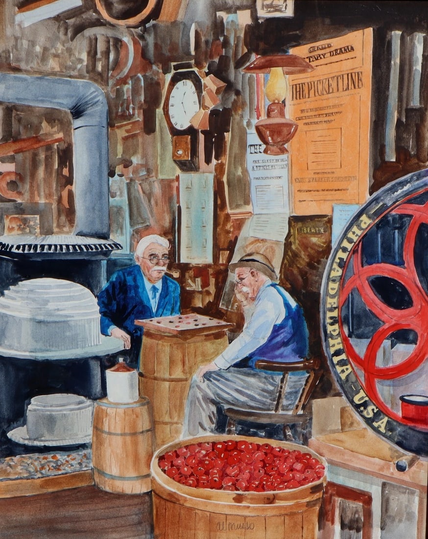 AL MUSSO Original watercolor Country Store with Men Playing Checkers - 2
