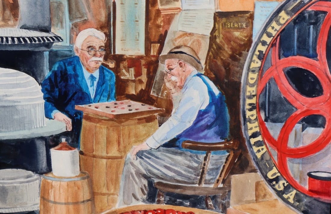 AL MUSSO Original watercolor Country Store with Men Playing Checkers - 4