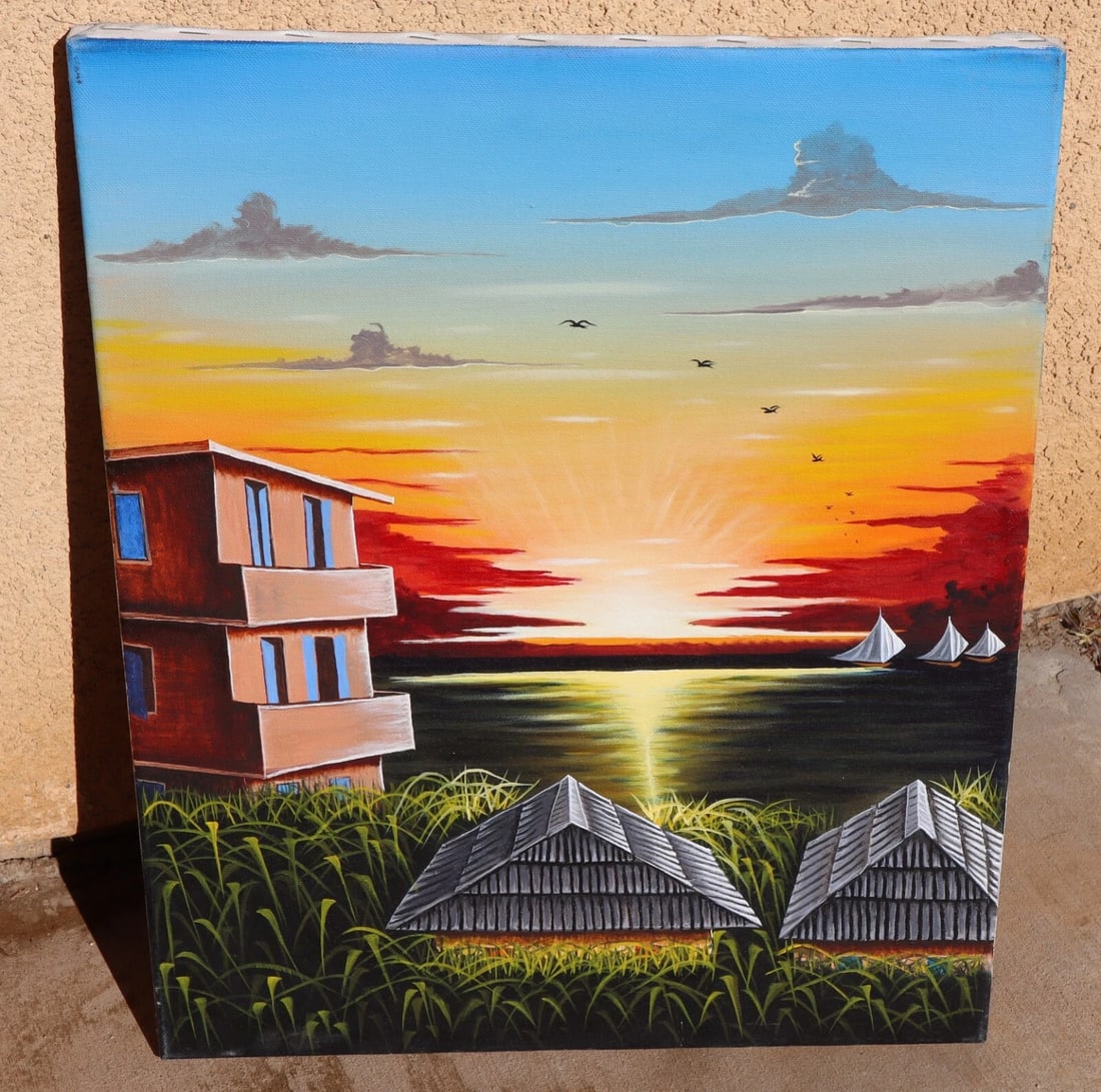JEAN JOSEPH MONFORT (1951-2020 Haitian) Dwellings by the Sea oil 2008 Unframed (1 of 9)