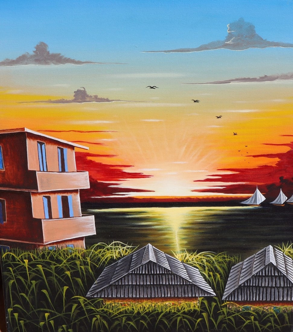 JEAN JOSEPH MONFORT (1951-2020 Haitian) Dwellings by the Sea oil 2008 Unframed - 2