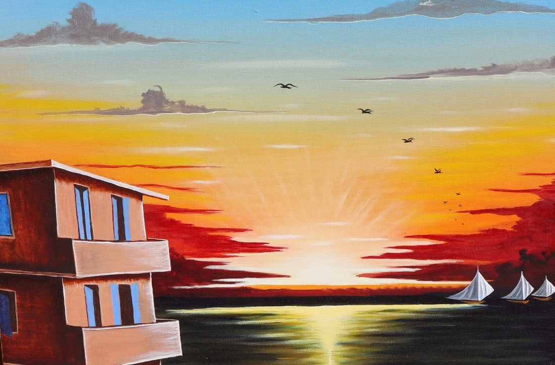 JEAN JOSEPH MONFORT (1951-2020 Haitian) Dwellings by the Sea oil 2008 Unframed - 3