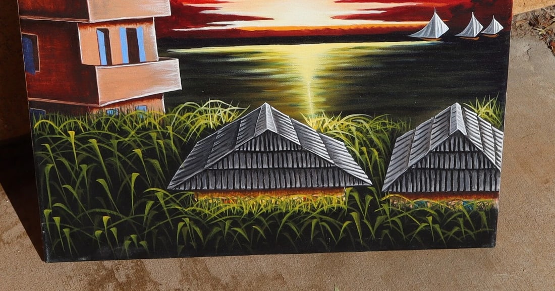 JEAN JOSEPH MONFORT (1951-2020 Haitian) Dwellings by the Sea oil 2008 Unframed - 4