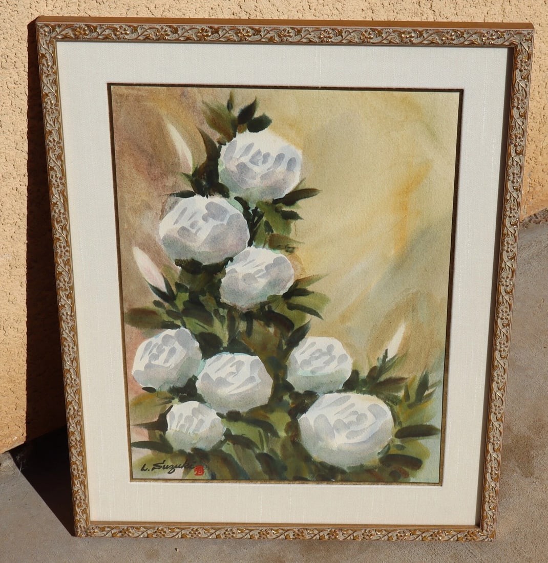 LEWIS SUZUKI California watercolor Still Life with White Flowers (1 of 5)