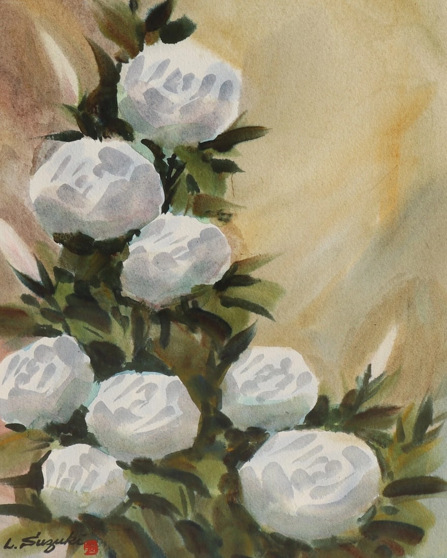 LEWIS SUZUKI California watercolor Still Life with White Flowers - 2