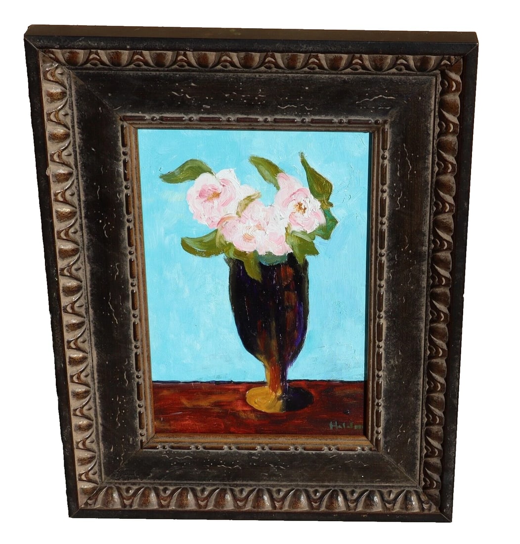 MARTHA HOLDEN California Modernist French Roses in a Brown Vase: Title:MARTHA HOLDEN California Modernist French Roses in a Brown Vase Description:MARTHA HOLDEN (b. 1951). French Roses in a Brown Vase, 12-1/2" x 8-1/2" oil on board (framed size: 19" x 14-1/2") sign