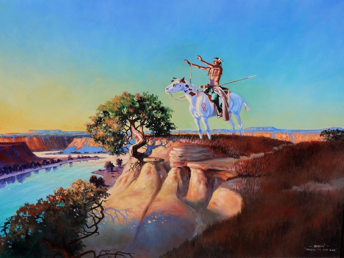 RICHARD BABIN Indian on Horseback at a Mountain Ridge Prayer to Sun God oil - 2