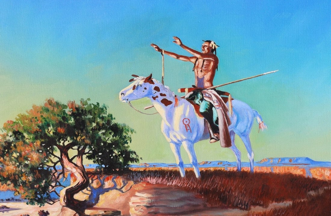 RICHARD BABIN Indian on Horseback at a Mountain Ridge Prayer to Sun God oil - 3