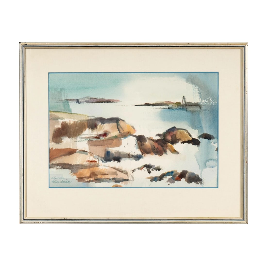 VIVIAN CHEVILLON (1923-2005) Mid Century Maine Sun Seascape w Lighthouse w/c (1 of 4)