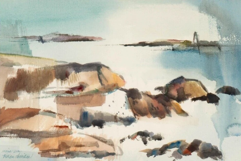 VIVIAN CHEVILLON (1923-2005) Mid Century Maine Sun Seascape w Lighthouse w/c - 2