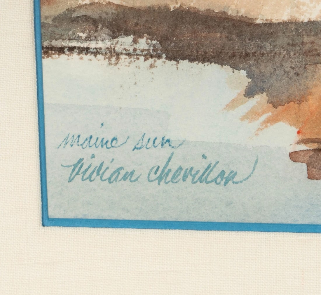 VIVIAN CHEVILLON (1923-2005) Mid Century Maine Sun Seascape w Lighthouse w/c - 3