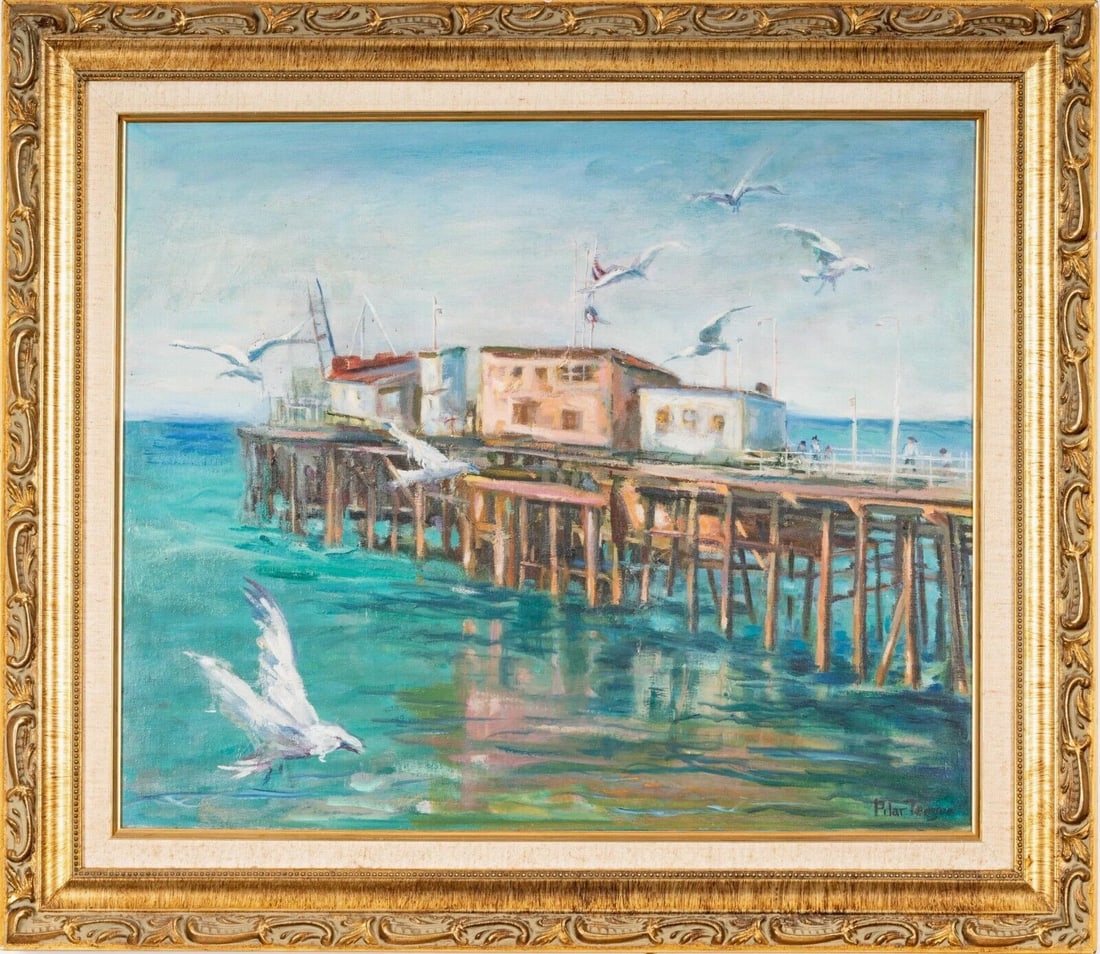 PILAR TEAGUE Santa Monica Pier? with Buildings, Figures & Seagulls oil painting (1 of 4)