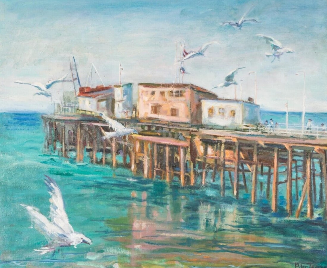 PILAR TEAGUE Santa Monica Pier? with Buildings, Figures & Seagulls oil painting - 2