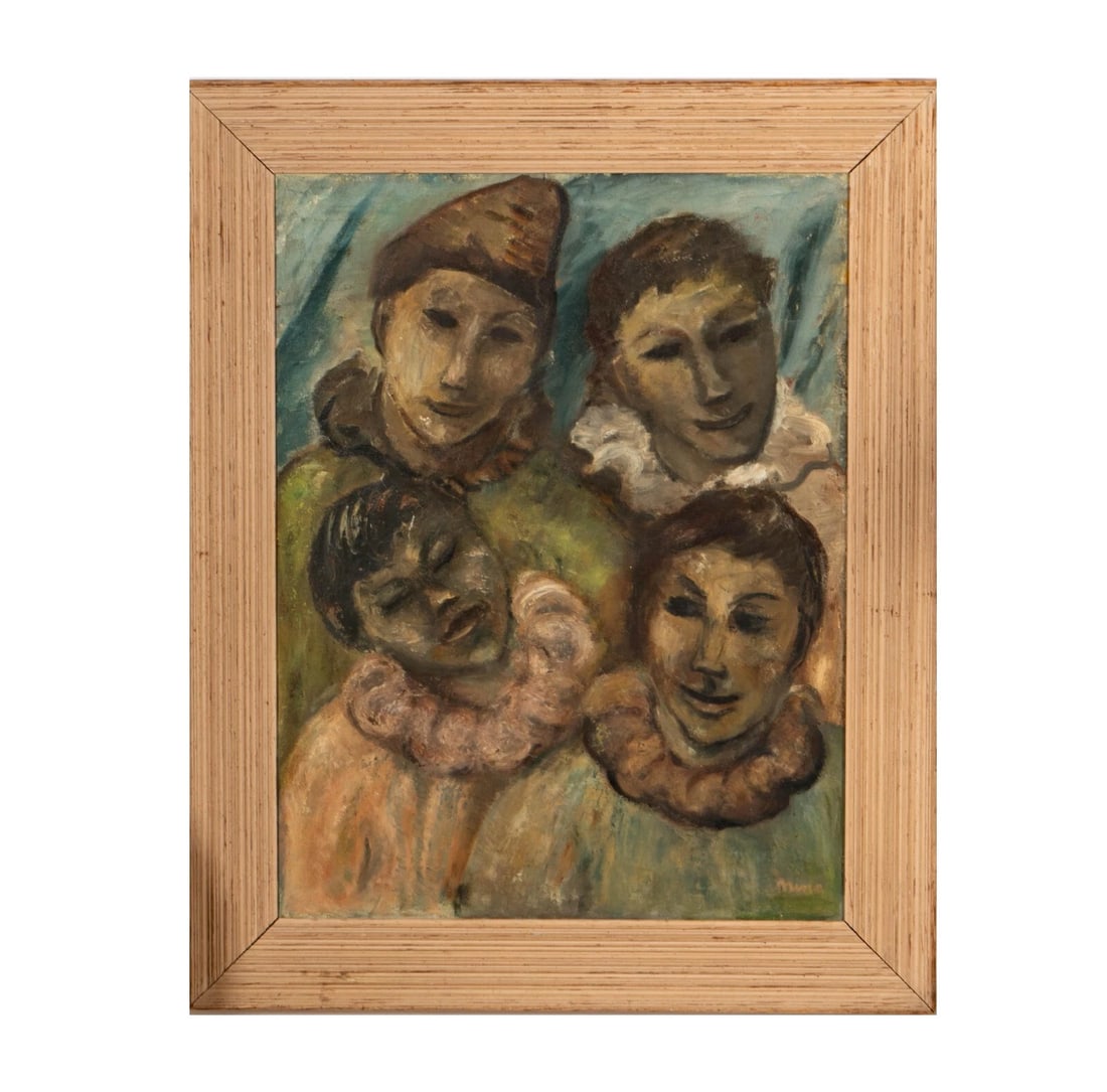 Mid Century Modern oil painting of Four Clowns signed Nina (1 of 4)