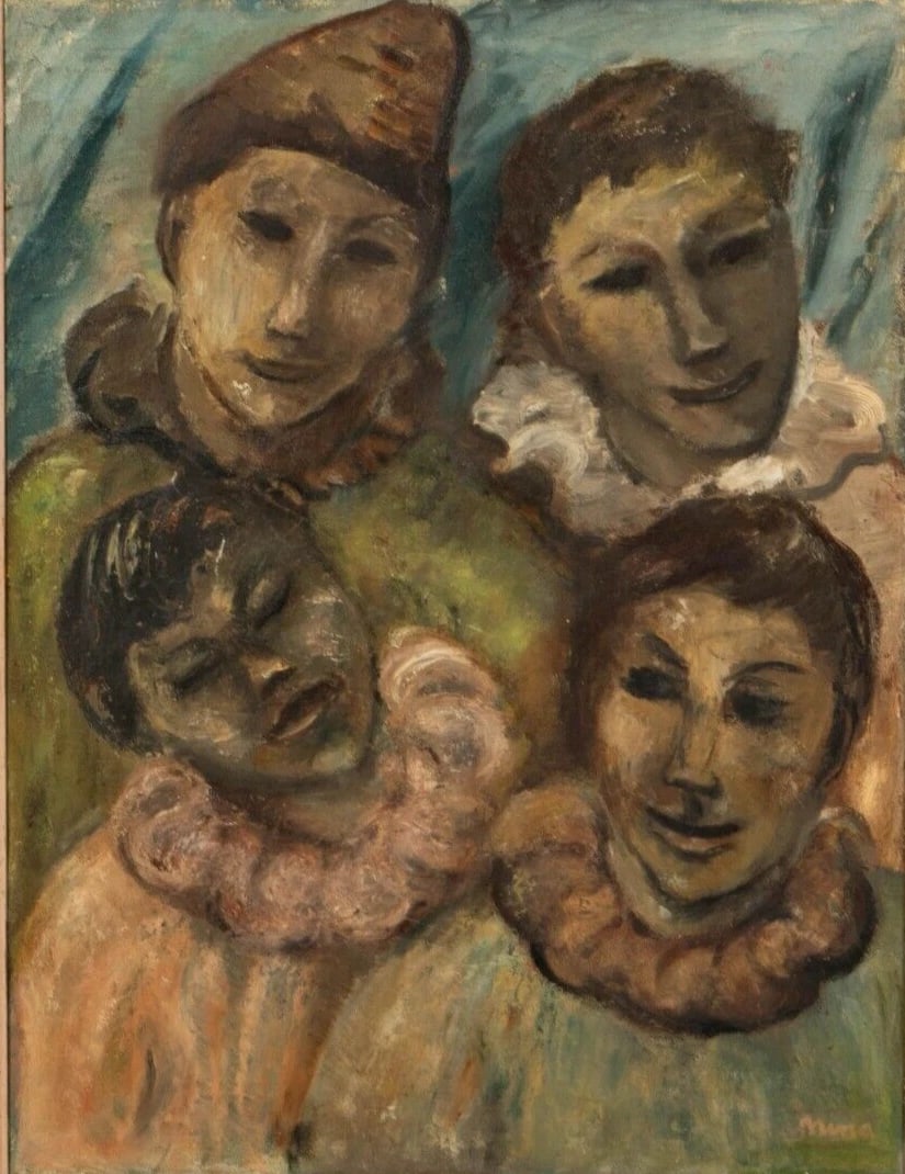 Mid Century Modern oil painting of Four Clowns signed Nina - 2